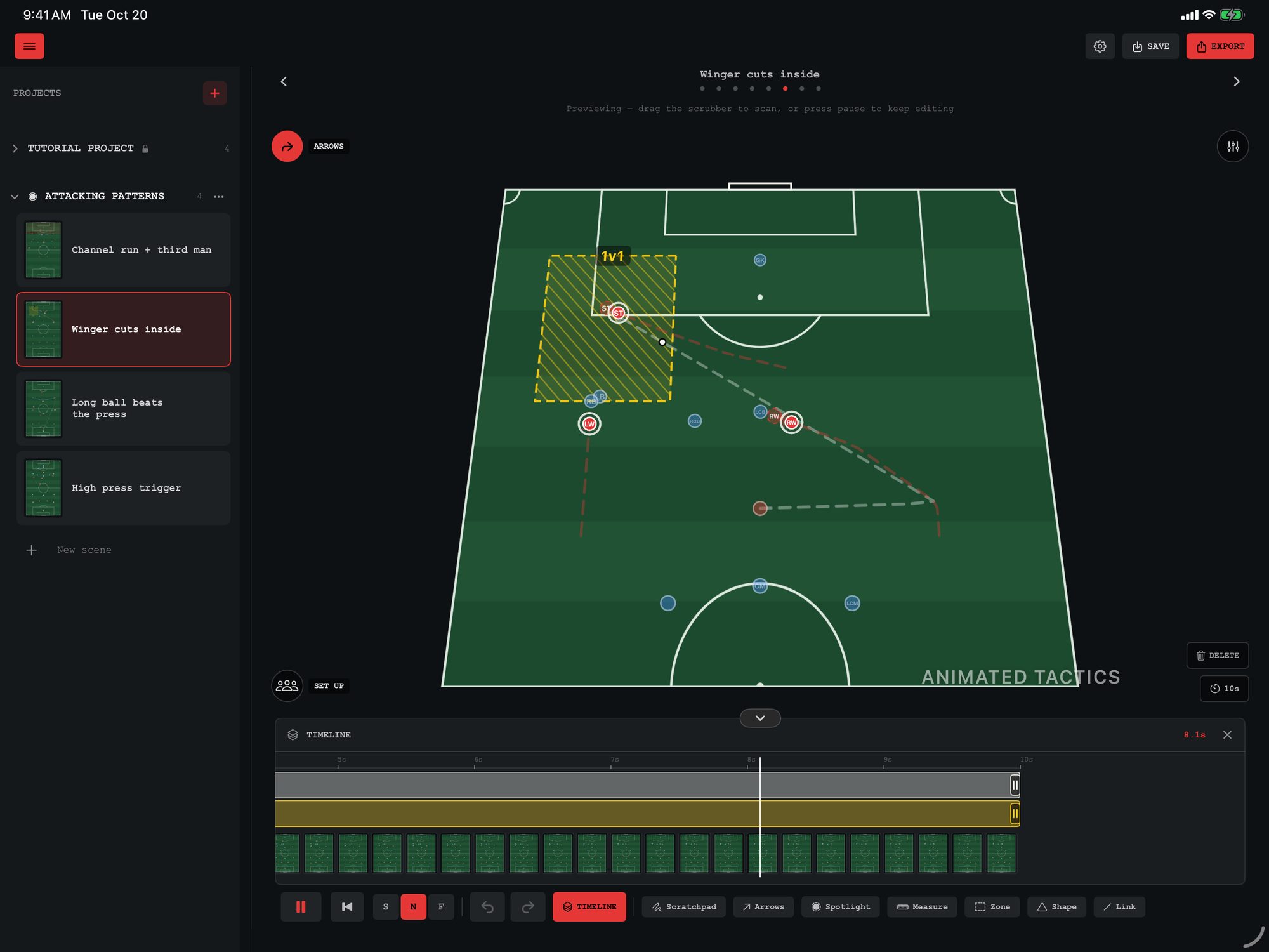 Animated Tactics on iPad: a winger cutting inside, a 1v1 zone, the runs drawn, and the timeline under the pitch