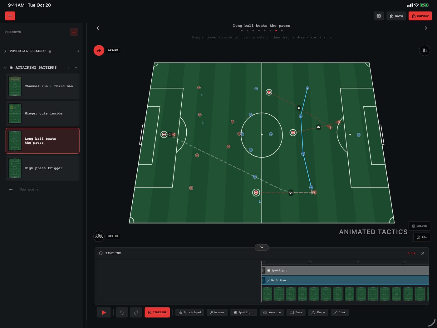 The Animated Tactics board on iPad in landscape: the pitch laid down, the scene library beside it and the timeline below