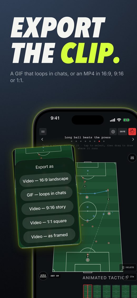 Export the clip: GIF, or MP4 in 16:9, 9:16 or 1:1